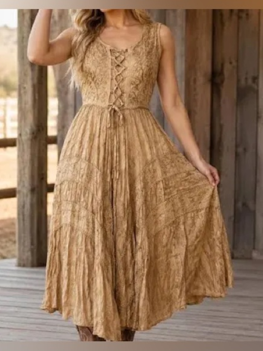 Scully Lace-Up Boho Maxi Dress in Tan
